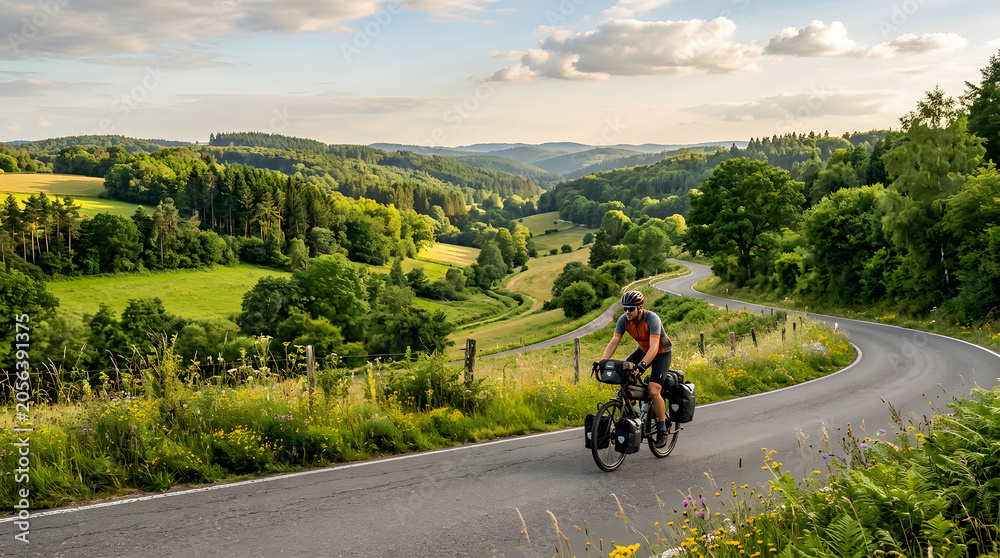 Obraz premium Man cycling on a winding road through a scenic green hilly landscape during a bike tour