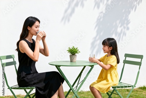 Mother and Daughter Enjoying Tea Outdoors