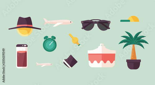 Obraz na płótnie A set of travel and vacation icons including sunglasses, a hat, airplanes, an alarm clock, and a potted palm tree, all in a flat vector style