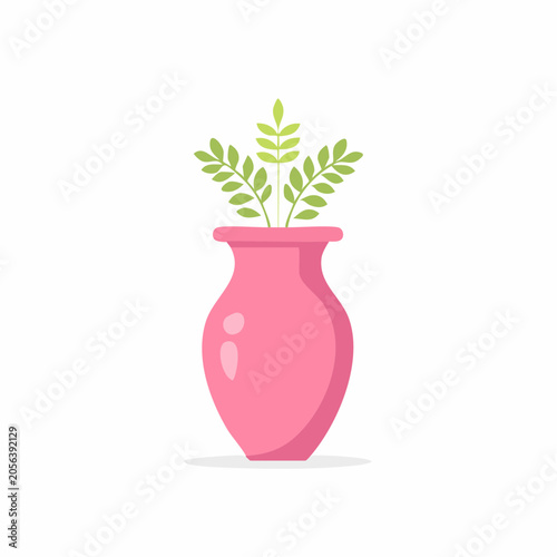 Pink vase with green leaves