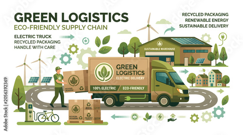Eco-friendly electric truck delivering packages with renewable energy and sustainable delivery practices, showcasing a green logistics concept