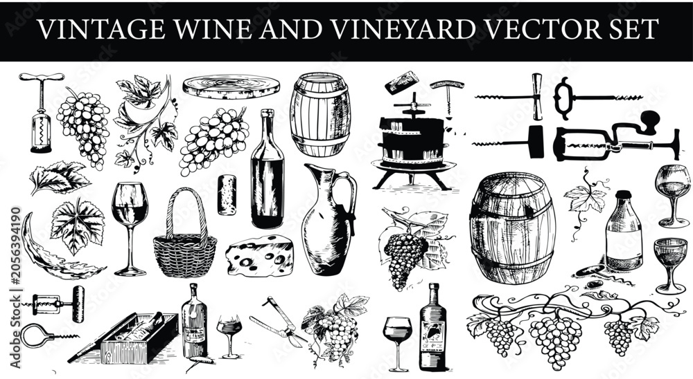 Fototapeta premium Vintage wine and vineyard vector set. Retro hand drawn engraving style wine bottles, grapes, barrels, and winery landscape elements