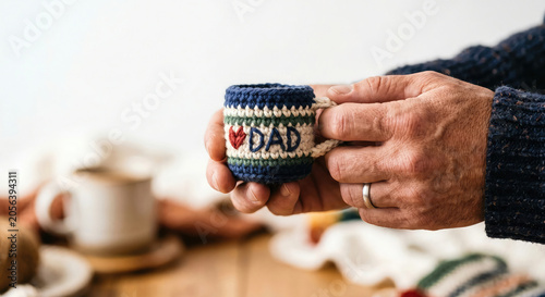 Father's Day crochet mug photo man hands holding handmade knitted cup dad heart gift
