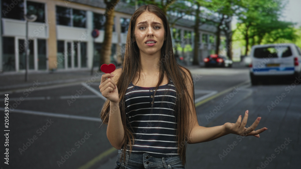 Fototapeta premium Teenage girl holding a small red heart in hand, looks up and shrugs with braces visible on a street; lost love longing.