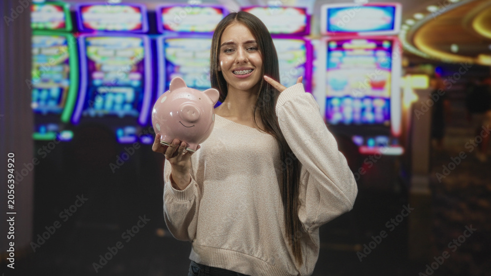 Obraz premium Woman holding piggybank and pointing finger to teeth inside a building with slot machines and neon lights; saving optimism future.