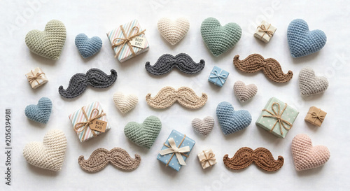 Father's Day crochet flat lay photo hearts mustache gift boxes pastel handmade craft