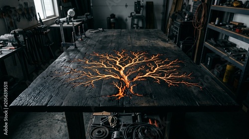 Crafting a Stunning Tree Design on Wood Table in Workshop, Artisan Crafting, Artistic Environment, Aerial View of Creativity
