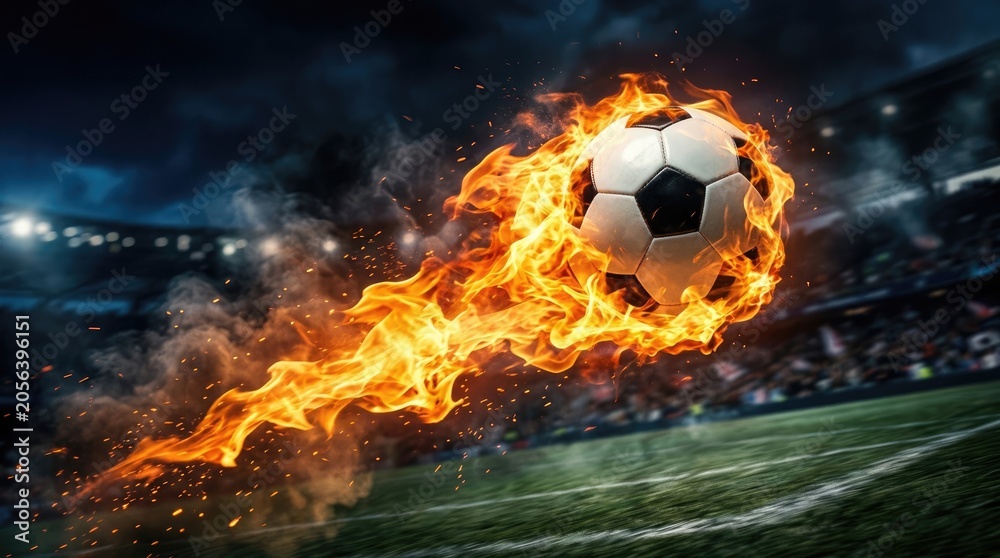 Fototapeta premium Flaming soccer ball in motion for world cup 2026