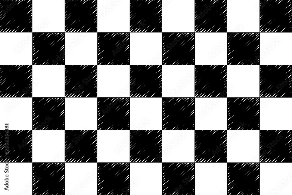 Naklejka premium Sketchy Monochrome Checkboard Grid Texture Vector. Hand-Drawn Black and White Checkered Pattern on Transparent Background for racing events, retro themes, and creative graphic designs.