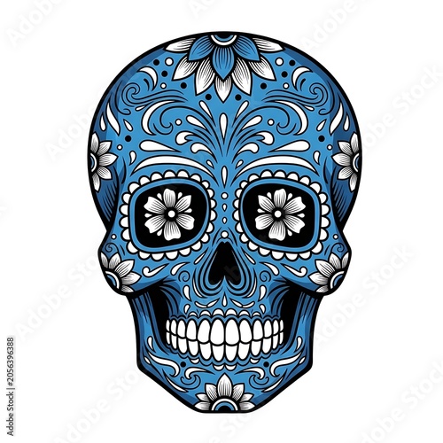 Blue decorative sugar skull with floral pattern design isolated on white background