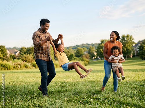 Happy Black Family Playing and Laughing Together in a Sunny Green Field