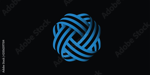 Abstract blue and black striped geometric knot sphere on black background. 3D interwoven ribbon ball, futuristic tech logo vector illustration element