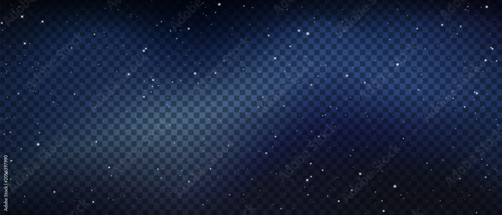 Obraz premium Dark blue starry night sky background vector. Realistic deep space cosmic galaxy nebula texture illustration. Midnight magic starlight sparkle glitter dust overlay.