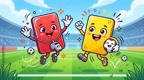 Happy cartoon red and yellow penalty card characters celebrating on a soccer field in a sunny stadium with a whistle and ball
