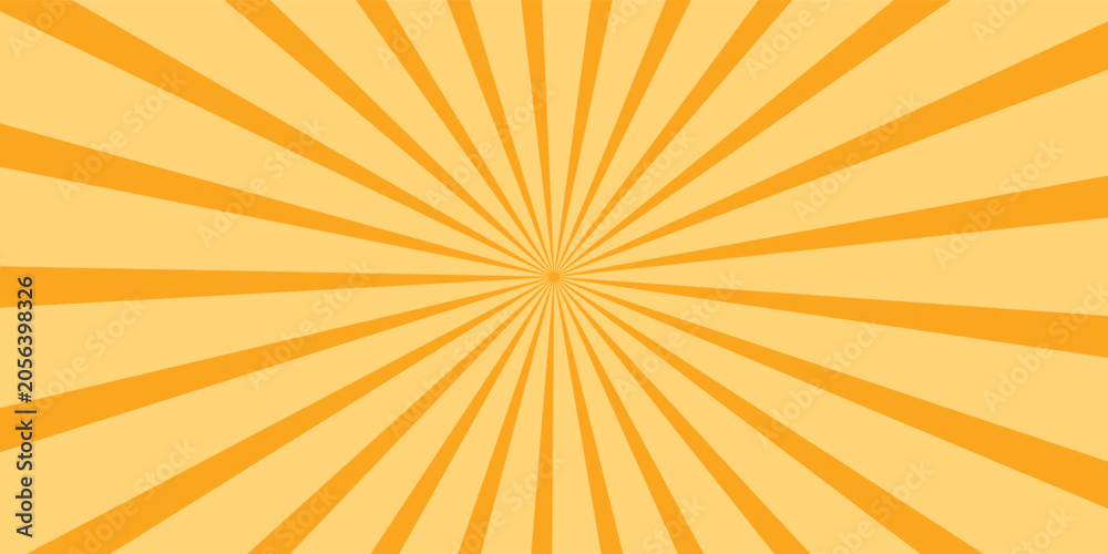 Fototapeta premium Orange stripes burst lines background. Sun ray light. Radiate sunlight. Vintage stripes halftone radial wallpaper for poster, banner.Circus background of spiral yellow orange rays vector.