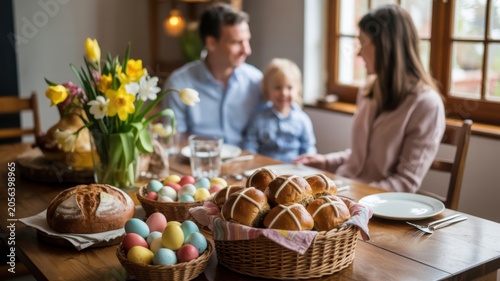 Family celebrating Easter dinner with decorated eggs and fresh flowers