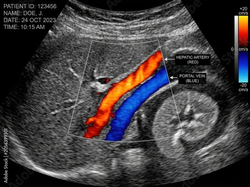 Doppler ultrasound scan showing liver blood flow in patient