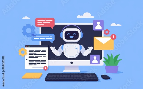 Futuristic ai chatbot assistant on computer screen with digital communication icons