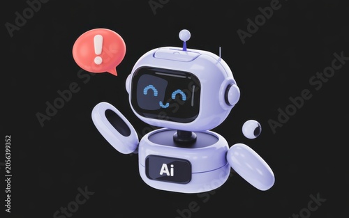 Futuristic Ai Robot With Warning Sign Against Black Background