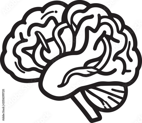 Vászonkép Stylized illustration of a human brain, depicted in a bold, graphic black and white line art style, showcasing intricate convolutions and anatomical detail