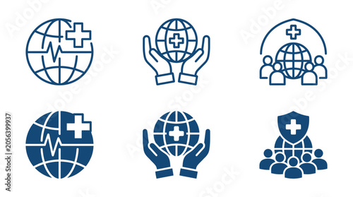 Global healthcare and medical charity icon set for world wellness and community support with healthcare, community