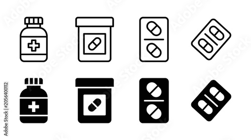 Set of pharmaceutical drug and capsule icons with medicine medication pharmacy healthcare treatment prescription