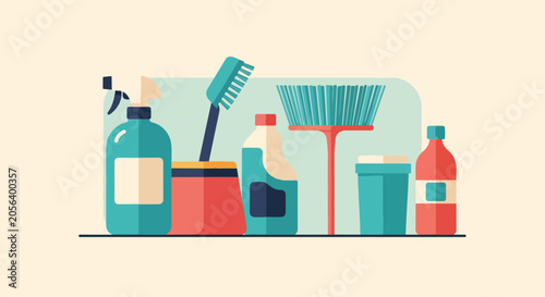 Tableau sur toile A flat vector illustration featuring an assortment of essential cleaning supplies like a spray bottle, brush, and detergents on a surface