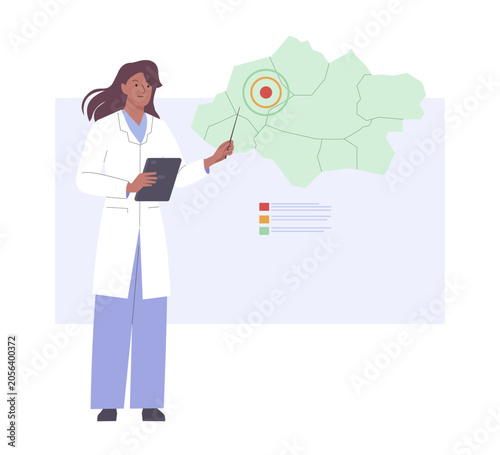 Doctor Epidemiologist shows endemic zone and spread of disease on map for data analysis. Female scientist