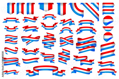 Luxembourg Flag Ribbon Collection Set – Wavy Ribbon, Badge, Frame and Decorative Design Elements Vector Illustration