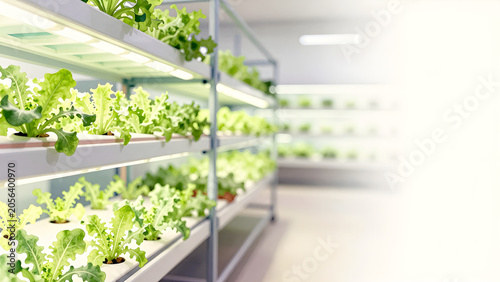 Vertical farming hydroponics system growing green lettuce under LED lights