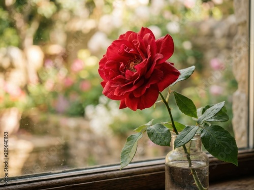 Red rose flower in a garden with green leaves