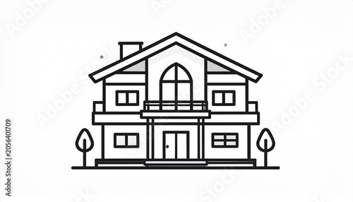 A detailed illustration of a large house with trees on a suburban street