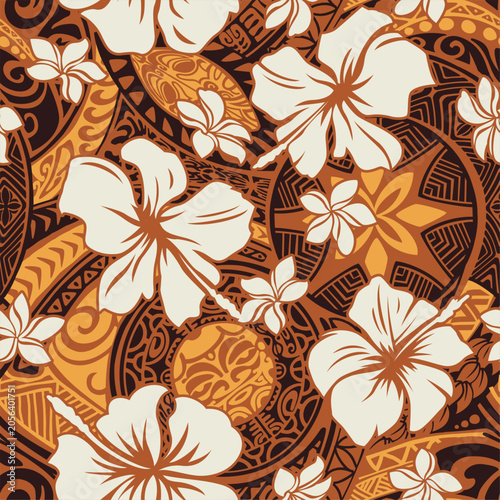 Hibiscus and frangipani flowers with maori tribal tattoo background vector seamless pattern for fabric shirt beach summer swimming wear tablecloth pillow pareo
