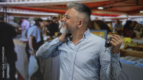Tableau sur toile Man holding car keys and rubbing his neck at a crowded street market souvenir stall; discomfort during errands