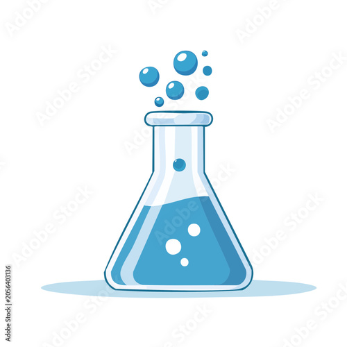 Erlenmeyer flask with blue liquid and bubbles