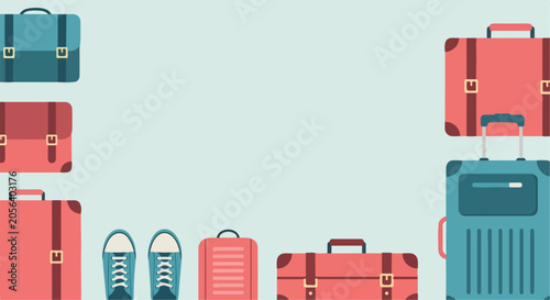 Tableau sur toile A vector illustration featuring an assortment of colorful travel suitcases and sneakers arranged along the edges of a light blue background