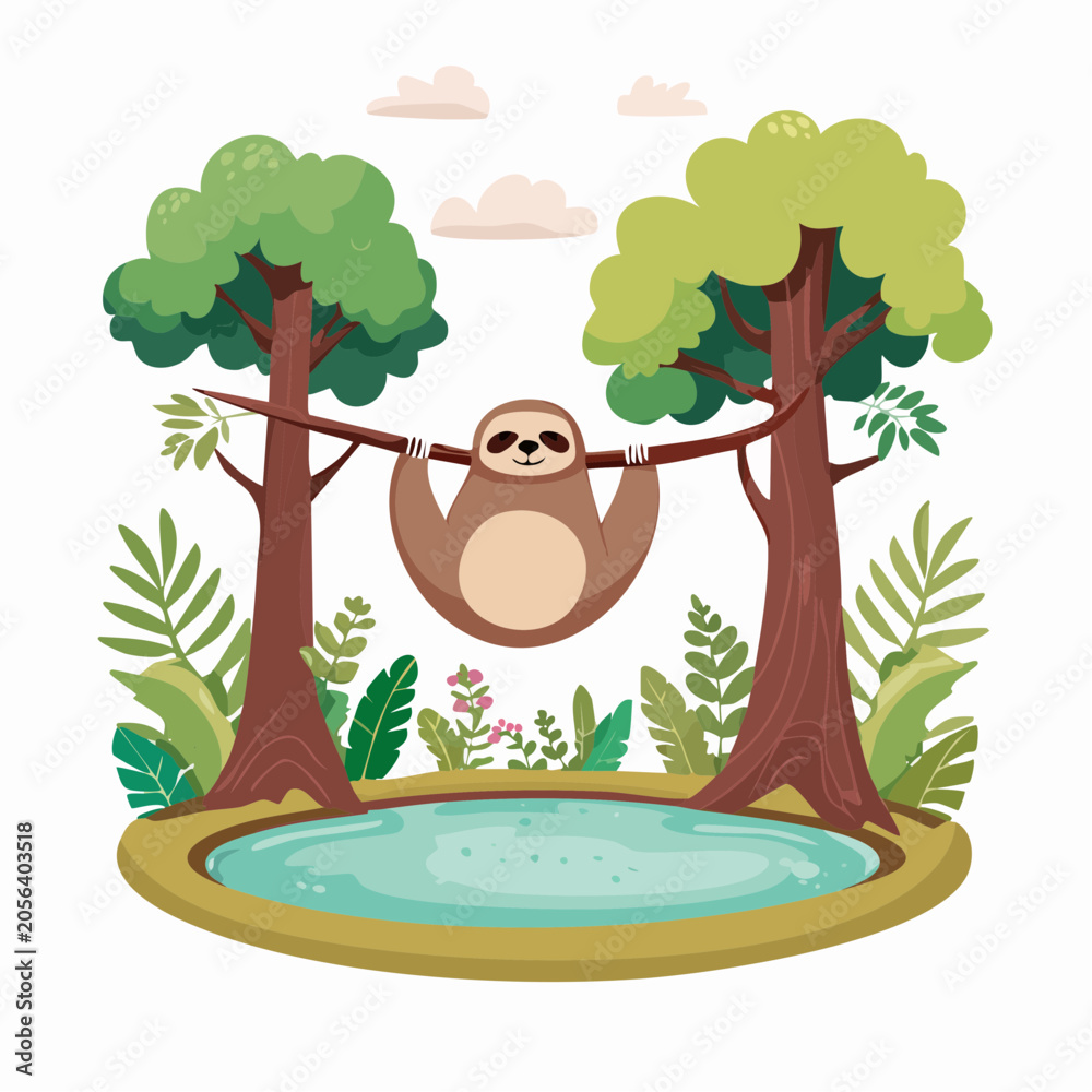 Obraz premium Cute Sloth Hanging on Tree Branch in Forest with Pond