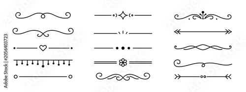 Set of elegant black decorative divider lines with curls, flourishes, arrows, hearts, dots, and ornamental separators for borders and typography design.