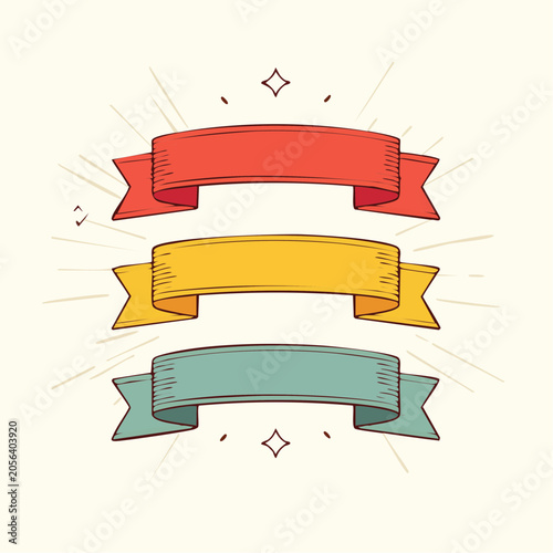 Set of Three Colorful Ribbon Banners with Sparkle Accents
