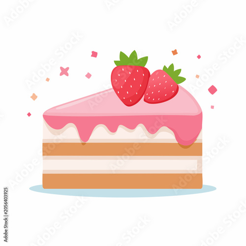 Slice of Strawberry Cake with Pink Frosting and Confetti