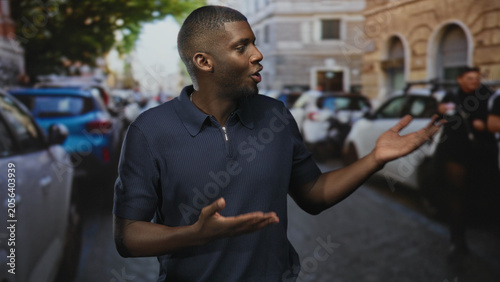 Foto Man showing open hands and speaking while looking aside on a busy city street with parked cars and stone buildings; curiosity conversation