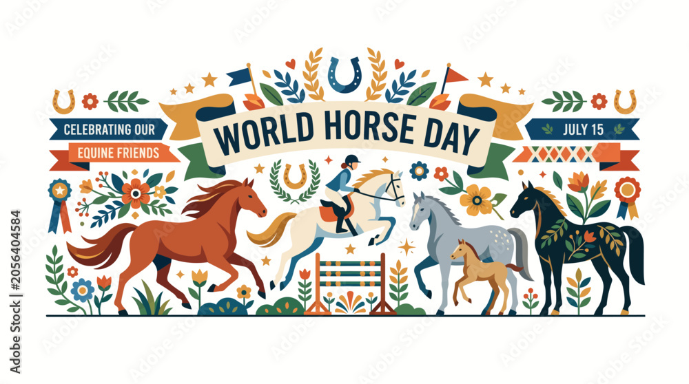 Fototapeta premium Flat vector World Horse Day banner featuring colorful galloping horses jumping obstacles and floral folk art