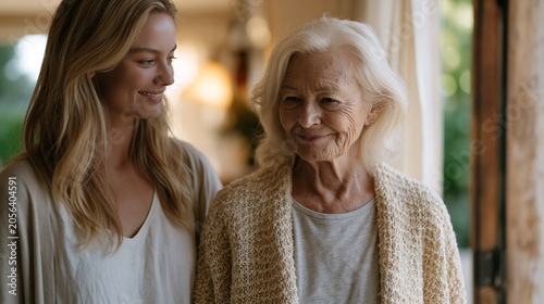 Senior woman walking slowly through every room of her longtime family home with an adult daughter, touching walls and doorframes, bittersweet farewell expressions, afternoon light