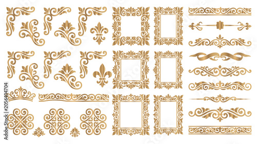 Set of decorative elegant horizontal elements, frames, corners, borders.