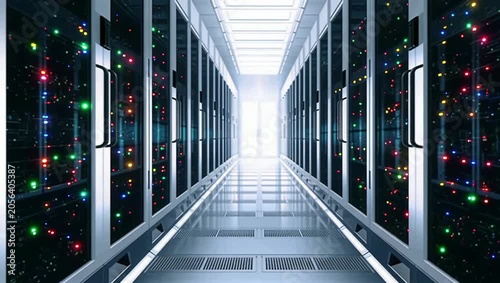 Futuristic Data Center Server Room With Glowing Network Lights