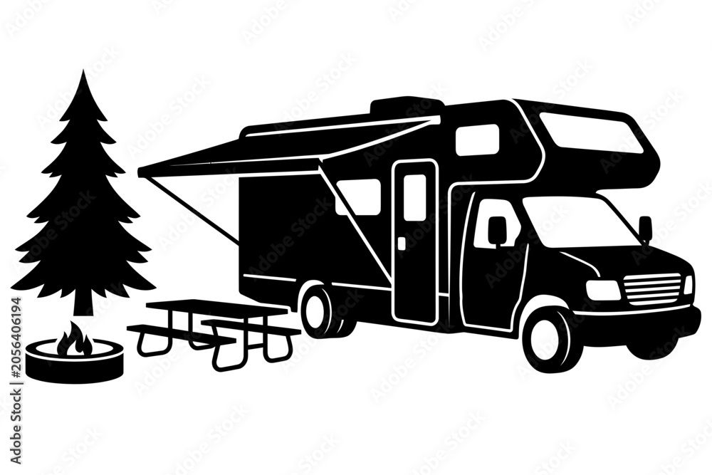 Obraz premium Summer mountain camping trip with fir tree and camper van