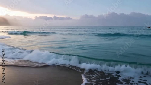 Ocean Waves Rolling Onto Sandy Beach During Calm Coastal Sunset