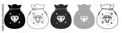 Canvastavla Minimalist diamond money bag icons, set of 5 vector pouches with sparkling gems,