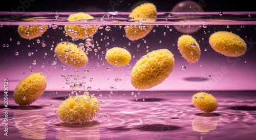 Spherical porous solids float/sink in liquid with bubbles, purple lighting