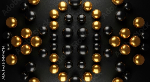 Spherical pattern; gold and black balls create symmetric, symmetrical design